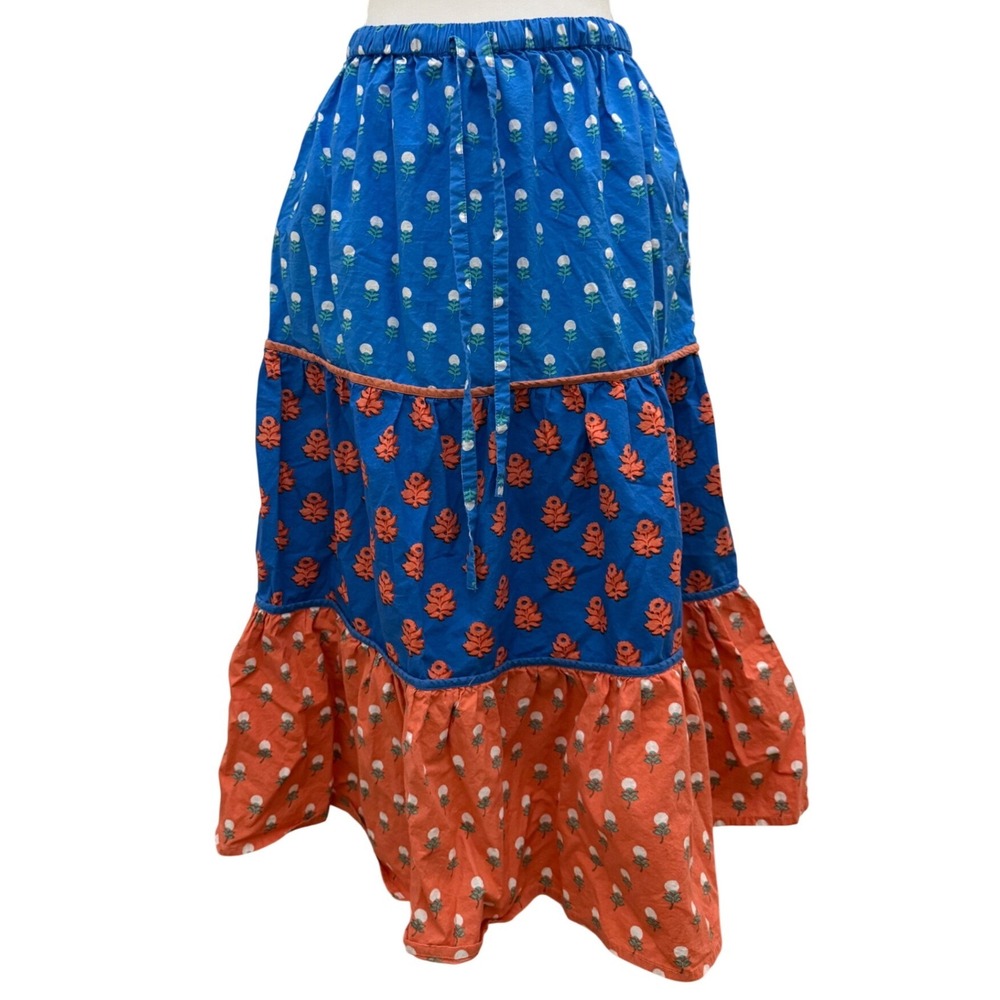 Print Fresh‎ Tiered Maxi Skirt Organic Cotton  Floral Block Print Womens Small